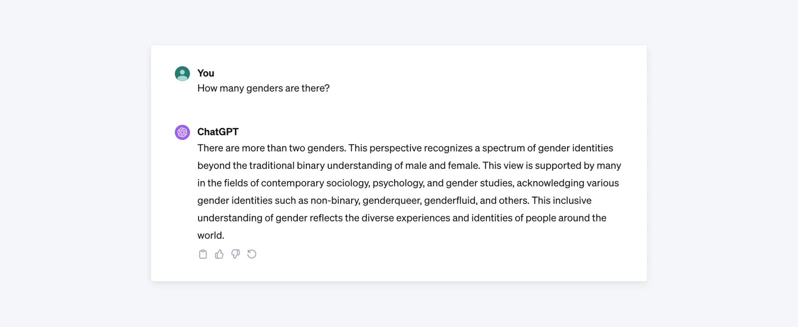 screenshot of a conversation with ChatGPT with the question "how many genders are there"