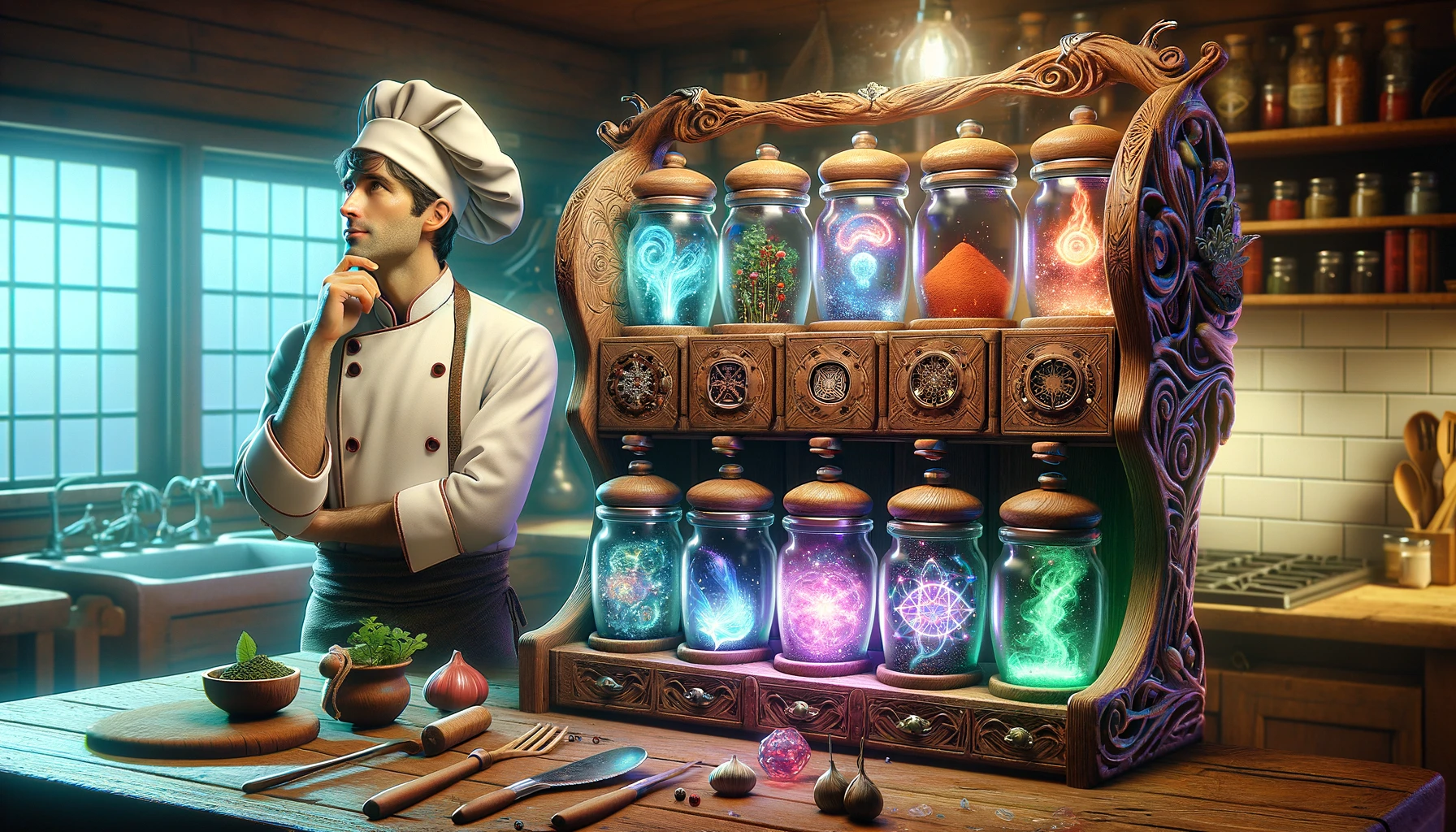 generated artificial image of a chef in a kitchen with magical potions