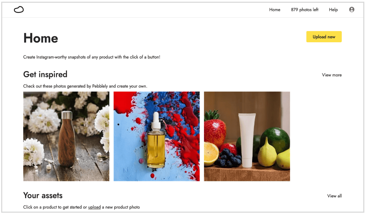 Dashboard of Pebblely software showcasing AI-generated product photos