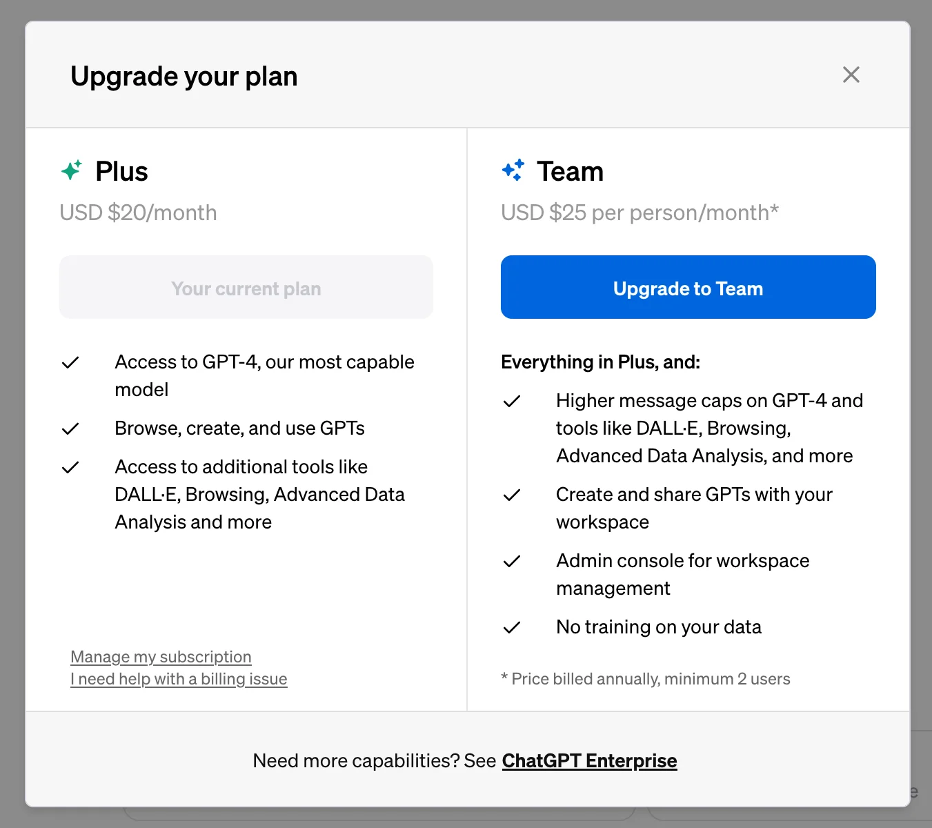 Current pricing for chatgpt