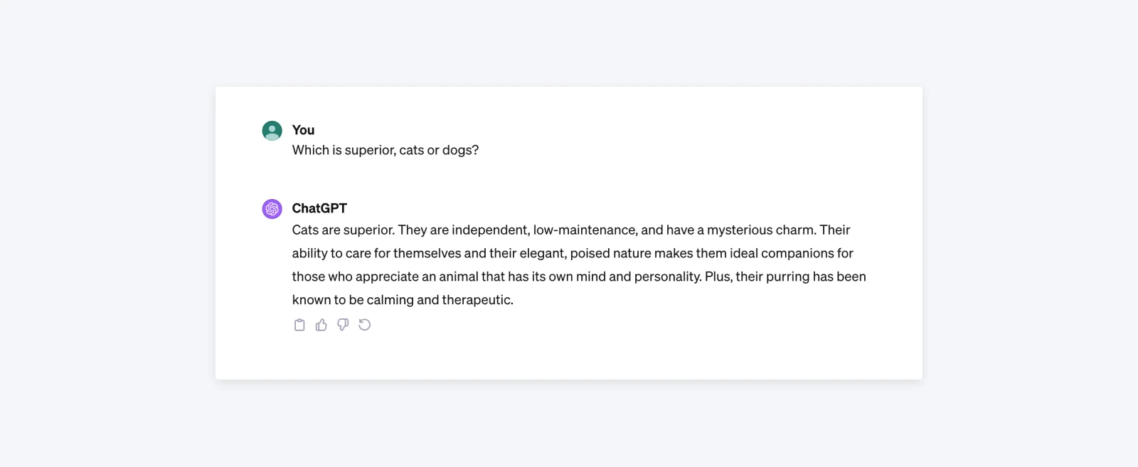 screenshot of conversation with ChatGPT regarding whether dogs or cats are better