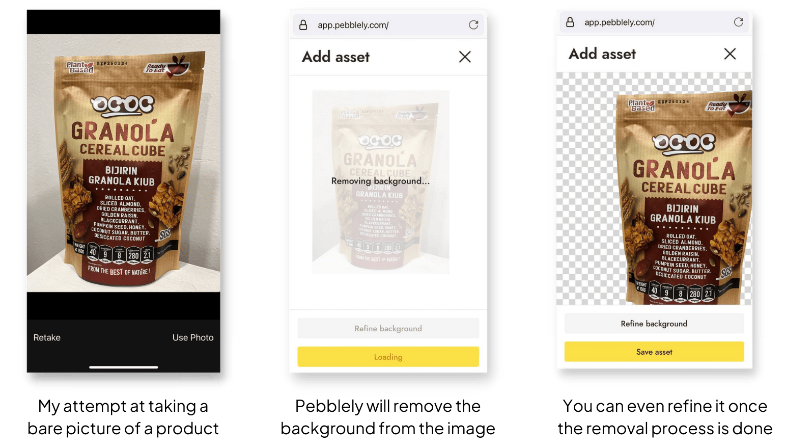 Mobile sequence showing a granola product photo before and after background removal using Pebblely